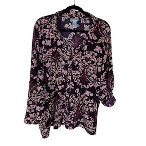 Catherine's Burgundy Wine Floral Long Roll Tab Sleeve Pleated Button Up Shirt 3X